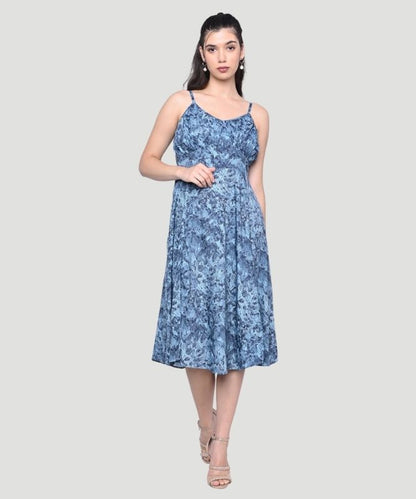 Women's Blue Abstract Print Regular Fit A-line Midi Dress