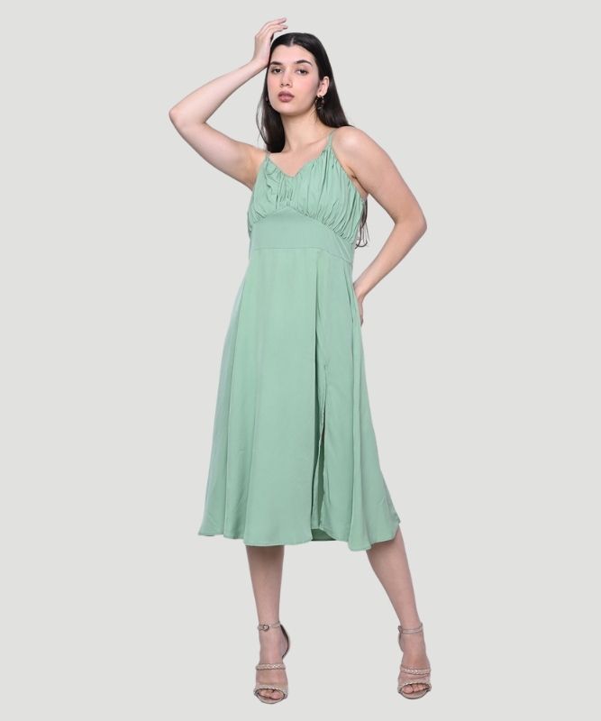 Women's Green Solid Regular Fit A-line Midi Dress