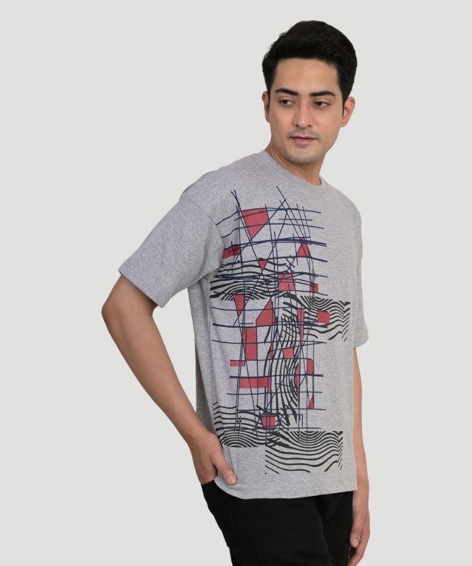 Men's Grey Geometric Print Half Sleeves Oversized Fit T-Shirt